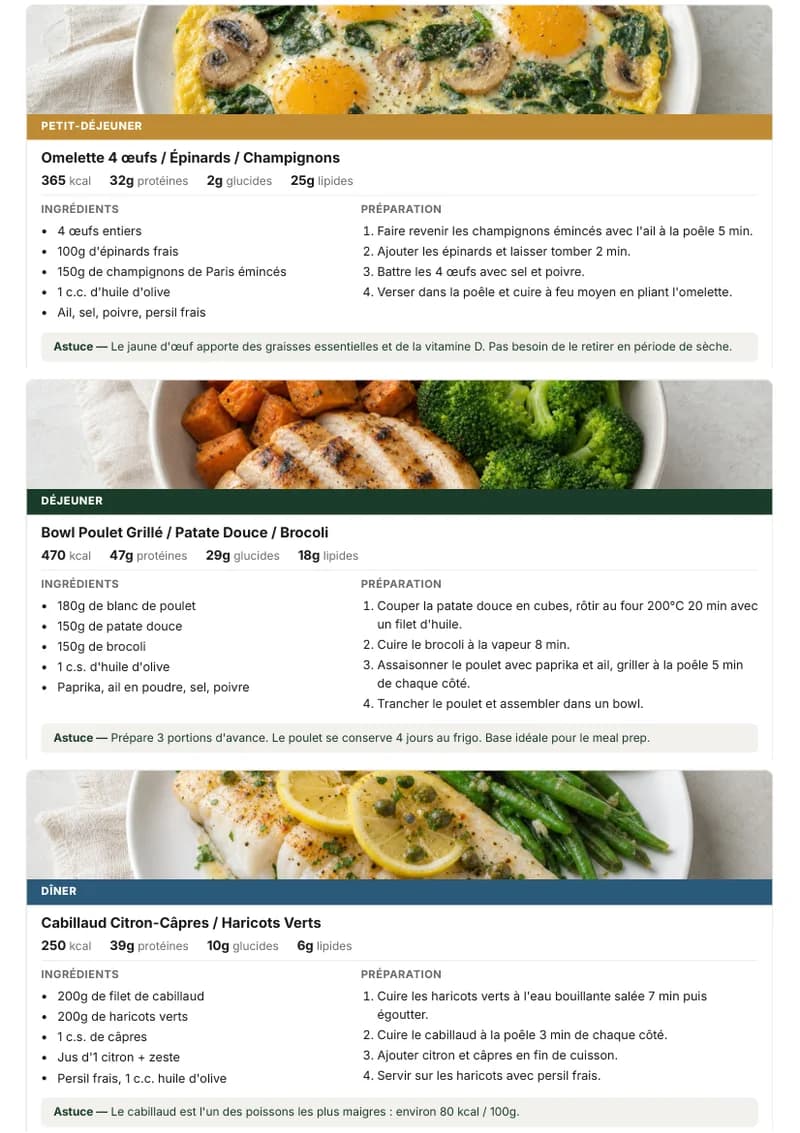 Capture du PDF recettes : deux fiches illustrées du lundi